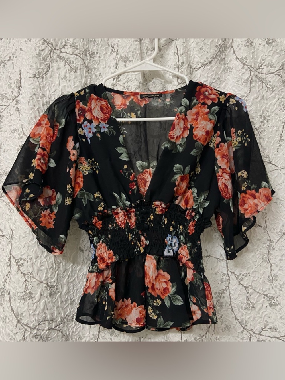 Shinestar Black Floral Smocked Waist Peplum Blouse Size Small